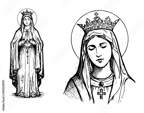 virgin mary in crown sketch drawing with outline and hatching