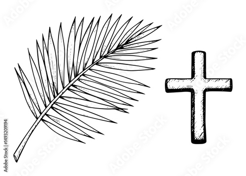 palm leaf and cross in religious black outline vector style