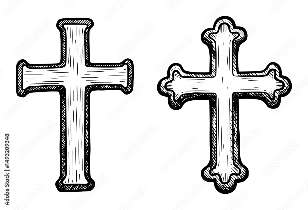 set of two crosses in religious engraving outline style
