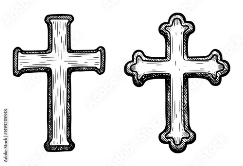 set of two crosses in religious engraving outline style