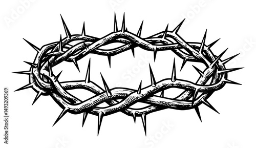 crown of thorns in black outline engraving sketch style