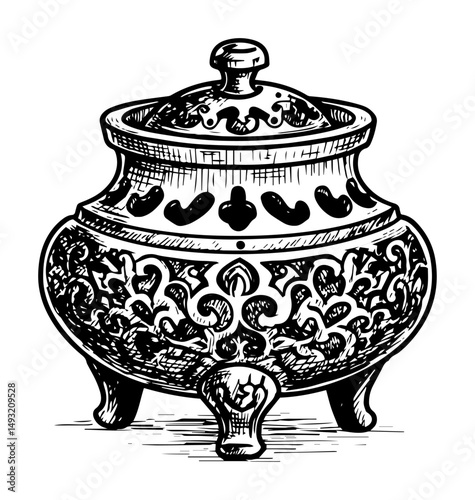 ornate incense burner in engraved religious sketch style