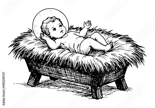 baby jesus in manger in nativity outline engraving style