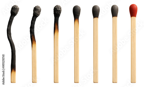 A series of seven matchsticks in varying stages from burnt to unlit, illustrating the lifecycle of a match on transparent background.