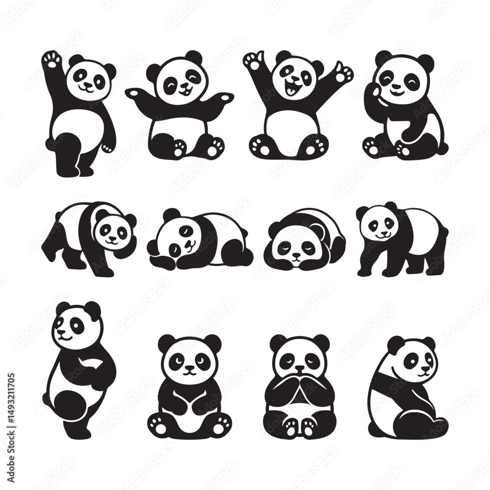 Obraz premium Cute Panda Silhouette Vector Set on White Background 