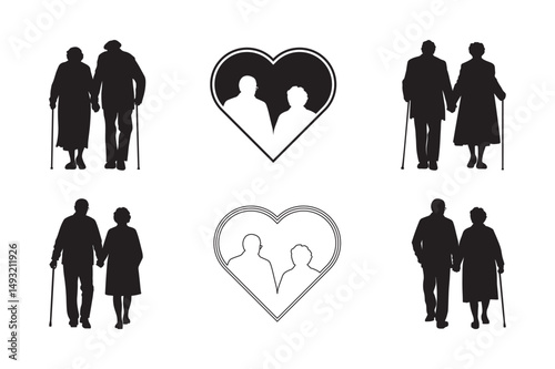 Old Couple Walking Together Silhouette Vector Collection 