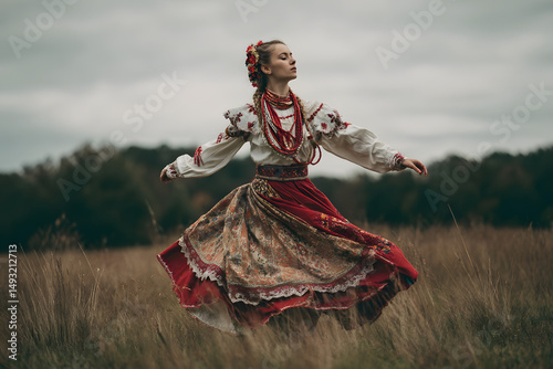 Joyful Slavic Woman Dancing in Traditional Polish Folk Costume on a Meadow, Cultural Festival Performance with Elegance, Color, and Community Spirit