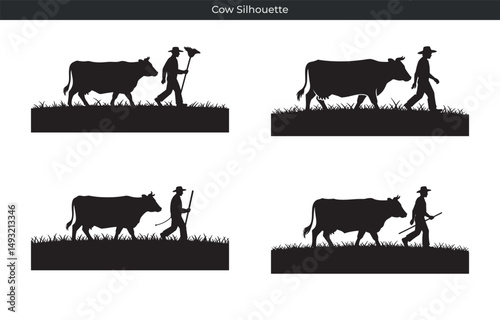 Silhouette illustration of a farmer walking a cow in a grassy field with simple design