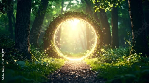 Wallpaper Mural Magical forest path with glowing portal and sunlight streaming through lush green trees, surrounded by enchanting foliage, fantasy mood, mysterious and sparkling atmosphere, evoking wonder Torontodigital.ca