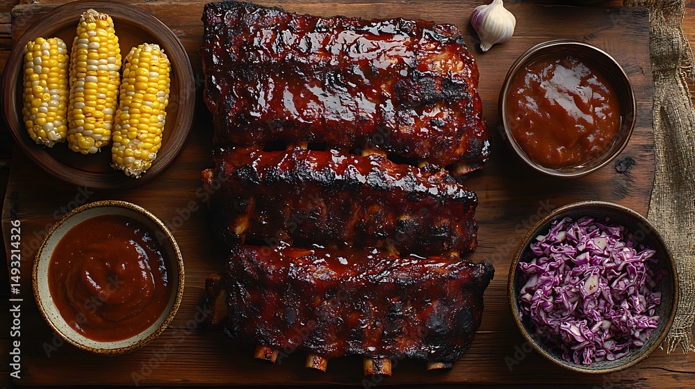 Top-down view of rustic BBQ spread, glazed ribs, charred corn halves, red cabbage slaw, barbecue and garlic sauces in ceramic bowls, warm natural lighting, vintage wood tabletop.