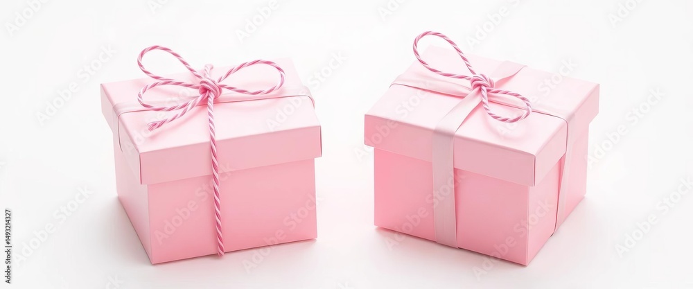 Obraz premium Two pastel pink gift boxes, delicately string-tied, sit on a white background, gift boxes, wrapping