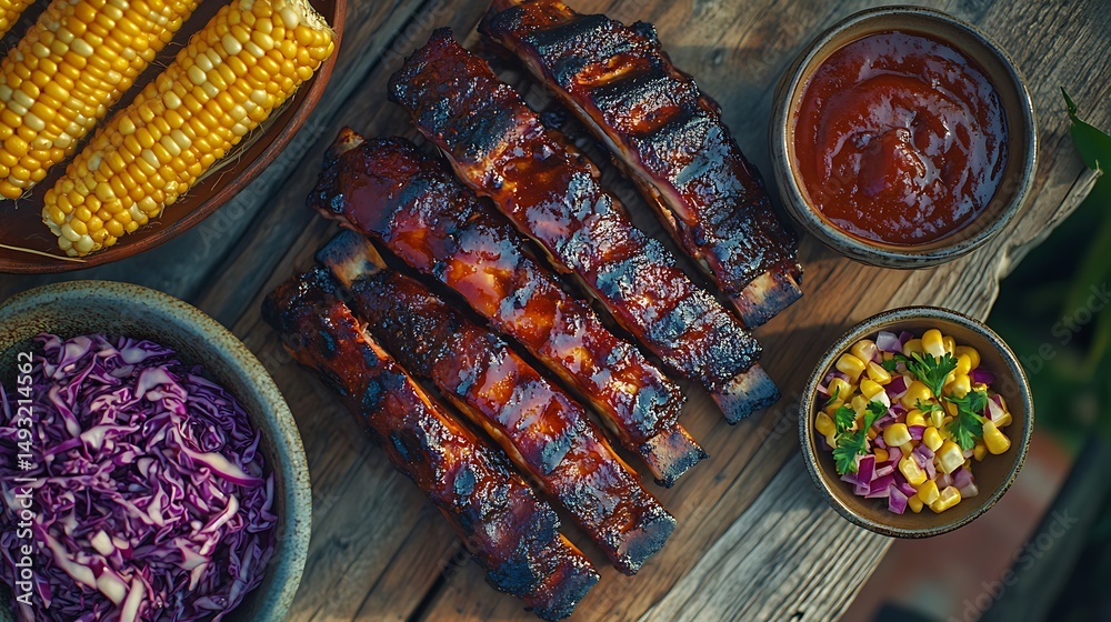 Top-down view of rustic BBQ spread, glazed ribs, charred corn halves, red cabbage slaw, barbecue and garlic sauces in ceramic bowls, warm natural lighting, vintage wood tabletop.