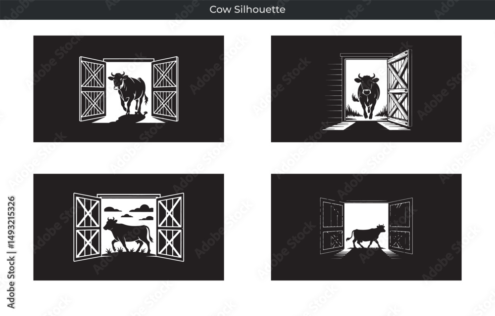 Black and white cow silhouette in a barn doorway agriculture and farm themed design Black and white cow silhouette in a barn doorway agriculture and farm themed design
