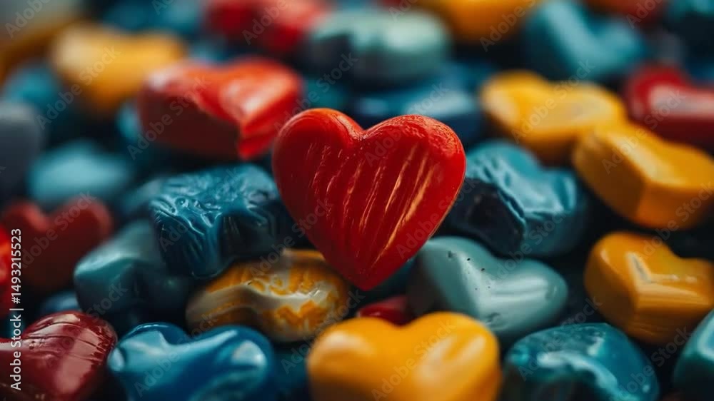 Colorful heart-shaped objects grouped together in a vibrant pile, with a red heart in the center, create a cheerful and lively atmosphere.
