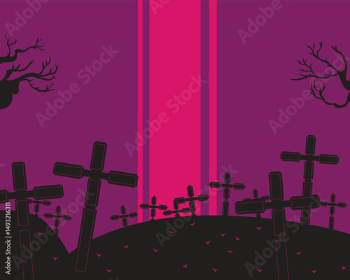 Illustration of a Halloween graveyard silhouette with a purple background, drawn in flat or lowbrow style. Ideal for spooky decor, seasonal posters, horror themes, and eerie night party graphics.