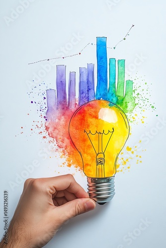 Obraz na płótnie Light bulb being placed by hand on a growth chart, watercolor clipart on white background, symbol of innovation and strategic advancement w salonie