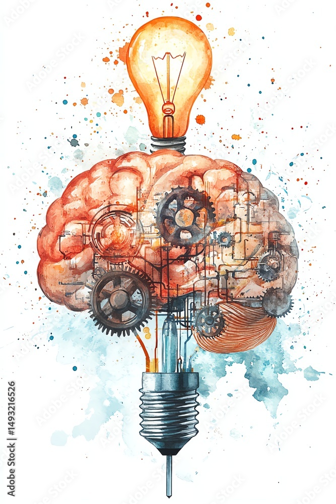 Watercolor clipart of a technological brain merging logic and creativity, gears and circuits inside, light bulb above, isolated white background