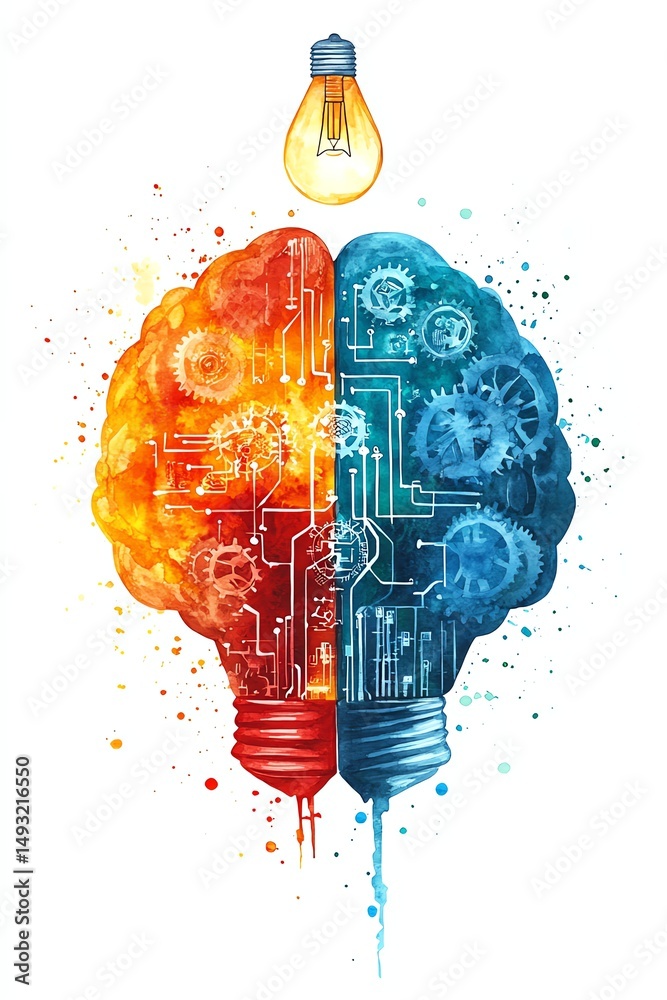 Watercolor clipart of a technological brain merging logic and creativity, gears and circuits inside, light bulb above, isolated white background
