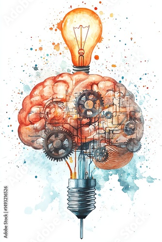 Obraz na płótnie Watercolor clipart of a technological brain merging logic and creativity, gears and circuits inside, light bulb above, isolated white background w salonie
