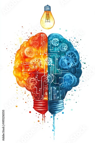 Obraz na płótnie Watercolor clipart of a technological brain merging logic and creativity, gears and circuits inside, light bulb above, isolated white background w salonie