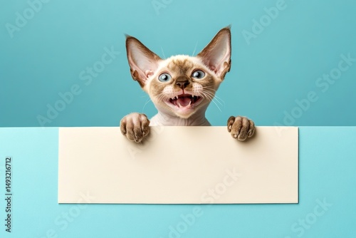 Funny cat commercial. Ð¡ute cat cornish rex hold in front paws a layout - large white avenue sign. Isolated kitty on a solid clothing rblue background. Cute cat in sign. Pet ad white background. photo