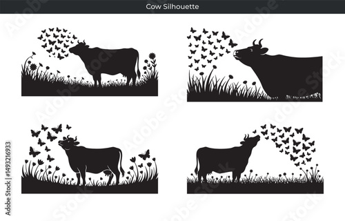 Silhouette collection depicting a cow with butterflies in a field of grass and flowers