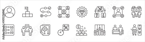 Business and management icon set. Contains symbol of businessman, target, finance, lunchtime, success, data, reward, work, money, employee, task, shop, meeting, education, idea. Vector illustration