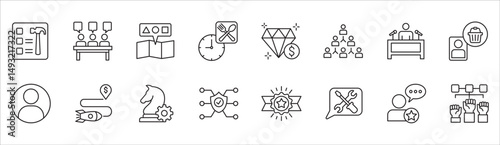Business and management icon set. Contains symbol of businessman, target, finance, lunchtime, success, data, reward, work, money, employee, task, shop, meeting, education, idea. Vector illustration