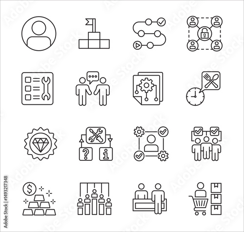 Business company Icon set. Management icon set. Contains symbol of success, data, reward, work, money, employee, businessman, target, finance, lunchtime, shop, meeting, education. Vector illustration