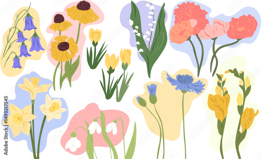 Obraz premium Wild flowers collection. Vector flowers. Spring time with botanical elements. Postcard, icons. Illustration isolated on white background