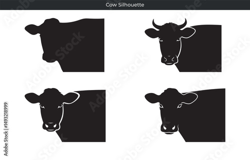 Diverse collection of black cow silhouettes in various poses against a white background