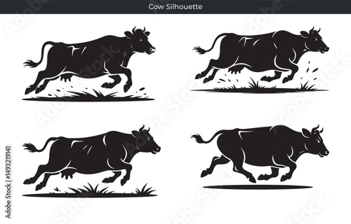Dynamic black cow silhouette illustrations depicting bovine animal running across green grass fields