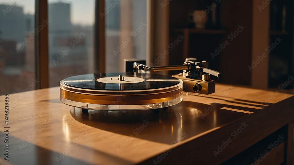 Obraz premium Turntable on a wooden table with a blurred cityscape in the background.
