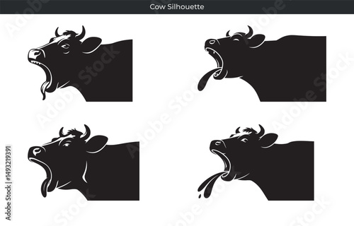 Black and white silhouette illustrations of cows with mouths open in various expressions