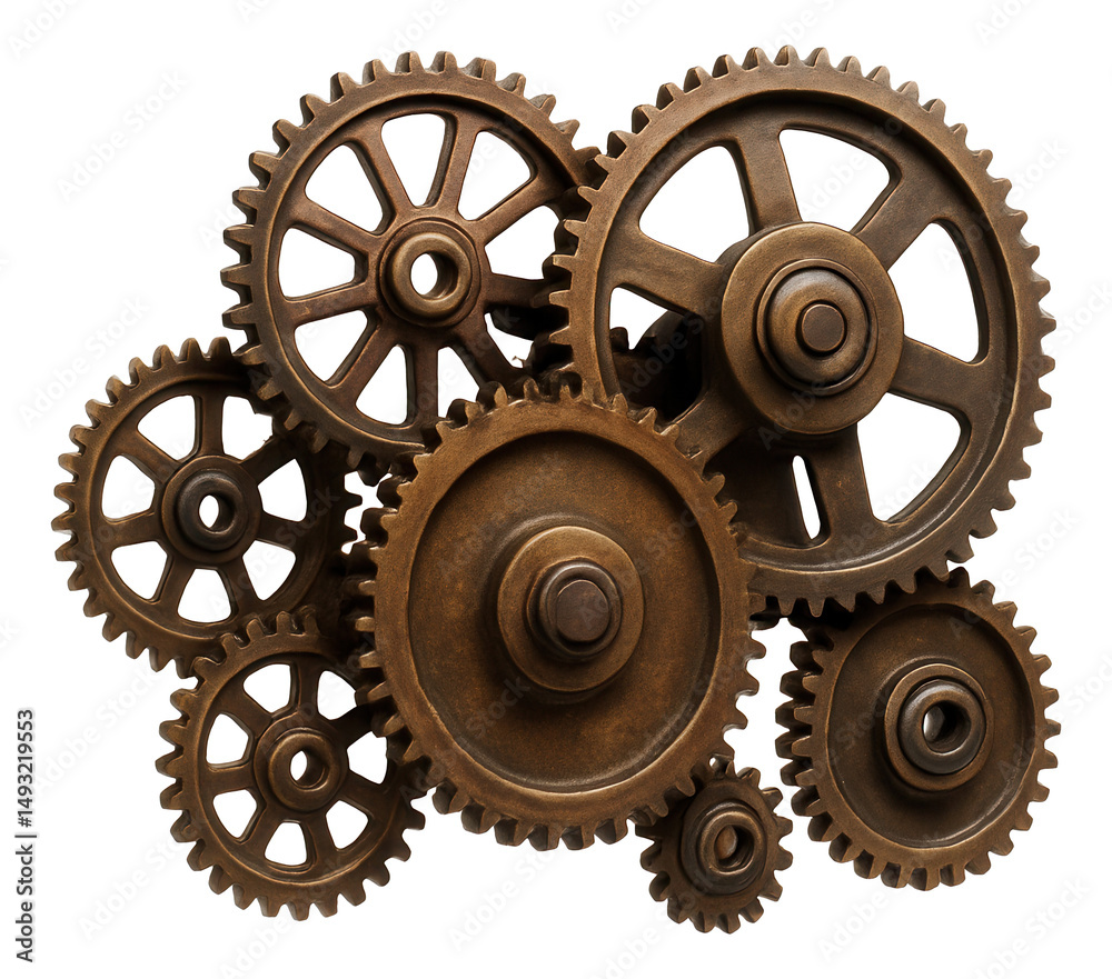 A collection of interconnected brown metal gears of various sizes symbolizing teamwork and mechanical operation on transparent background. A collection of interconnected brown metal gears of various sizes symbolizing teamwork and mechanical operation on transparent background.