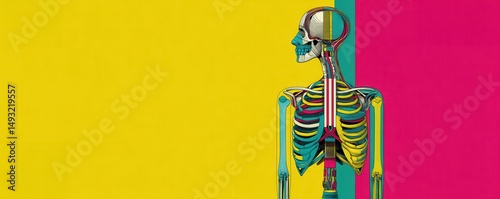 Colorful anatomical illustration of a human skeleton on vibrant background. photo