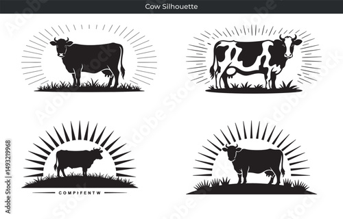 Illustrated black and white silhouette designs of cows set against sunburst backgrounds