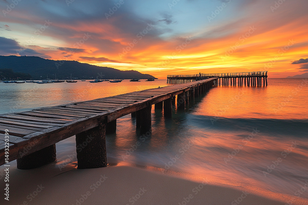 Obraz premium A long wooden pier stretches over calm water towards a vibrant sunset with orange and yellow hues on the horizon and distant mountains.