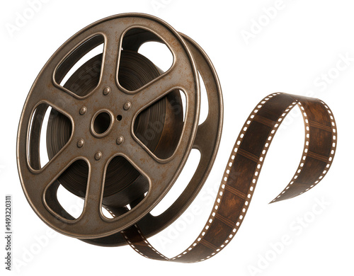 Vintage film reel with unwinding film strip in a classic metal design on transparent background.