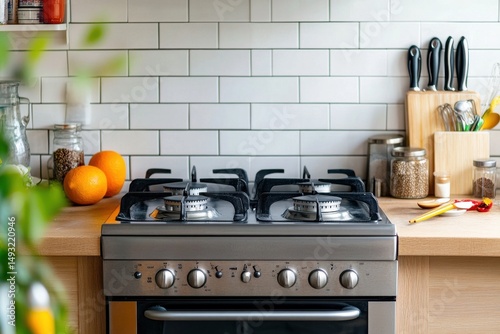 Modern Kitchen with Gas Stove and Bright Countertop Featuring Fresh Fruits and Organized Cooking Utensils for a Contemporary Culinary Experience