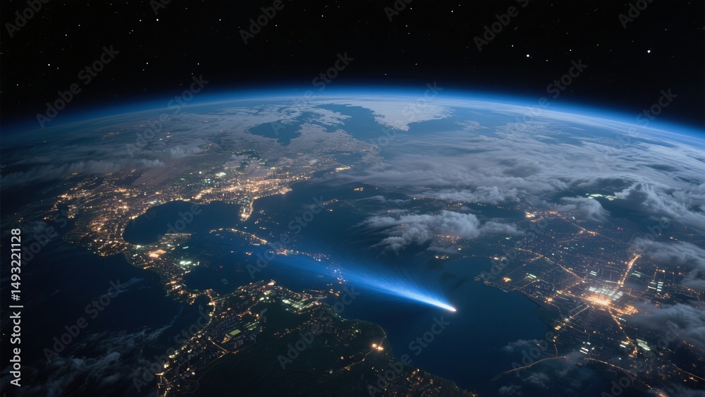 Fototapeta premium Earth from Space Night Illustration: Twinkling City Lights, Blue Beam and Deep Space Background, Blending Natural Landscapes and Technological Elements