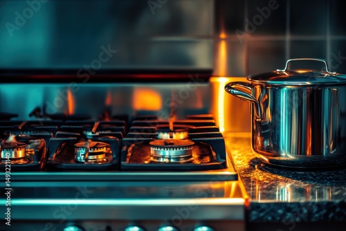 Modern Kitchen with Gas Stove and Cooking Pot Against a Stylish Background Featuring Warm Light and Gleaming Surfaces for Culinary Art Imagery