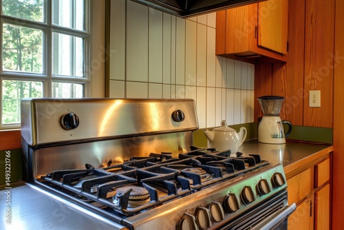 Modern Kitchen with Gas Stove and Stainless Steel Appliances Bathed in Natural Light, Showcasing Contemporary Design and Warm Wooden Accents for Cozy Cooking Space