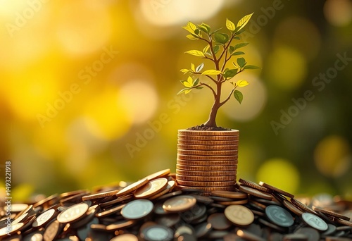 Coin tree growing from savings pile, sunlit bokeh background,   stock market,  financial