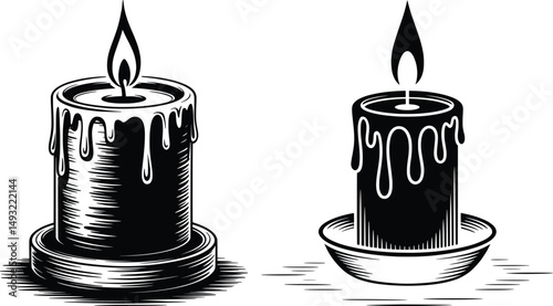 Vintage Candle Silhouette Art, Dripping Wax Black and White Vector Illustration.