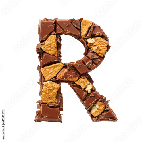Creative letter R made of chocolate pieces and cereal snacks with a white background for tasty food design