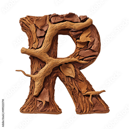 Artistic letter R sculpture made from natural wood and autumn leaves for creative home decor