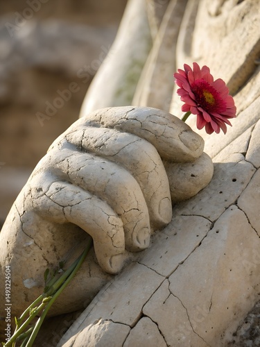 Ancient Stone Hand Holding a Pink Flower – Symbol of Peace and Time. Close-up of an ancient weathered stone sculpture hand gently holding a vibrant pink flower.
