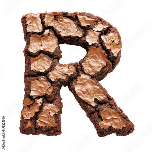 Artistic letter R made of cracked chocolate cookies and cookie crumbs on a white background