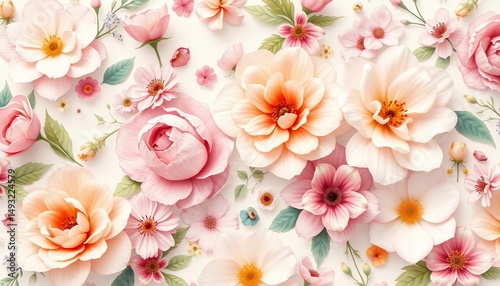 Delicate pastel watercolor floral pattern, vintage elegance, springtime garden blooms, packaging, timeless